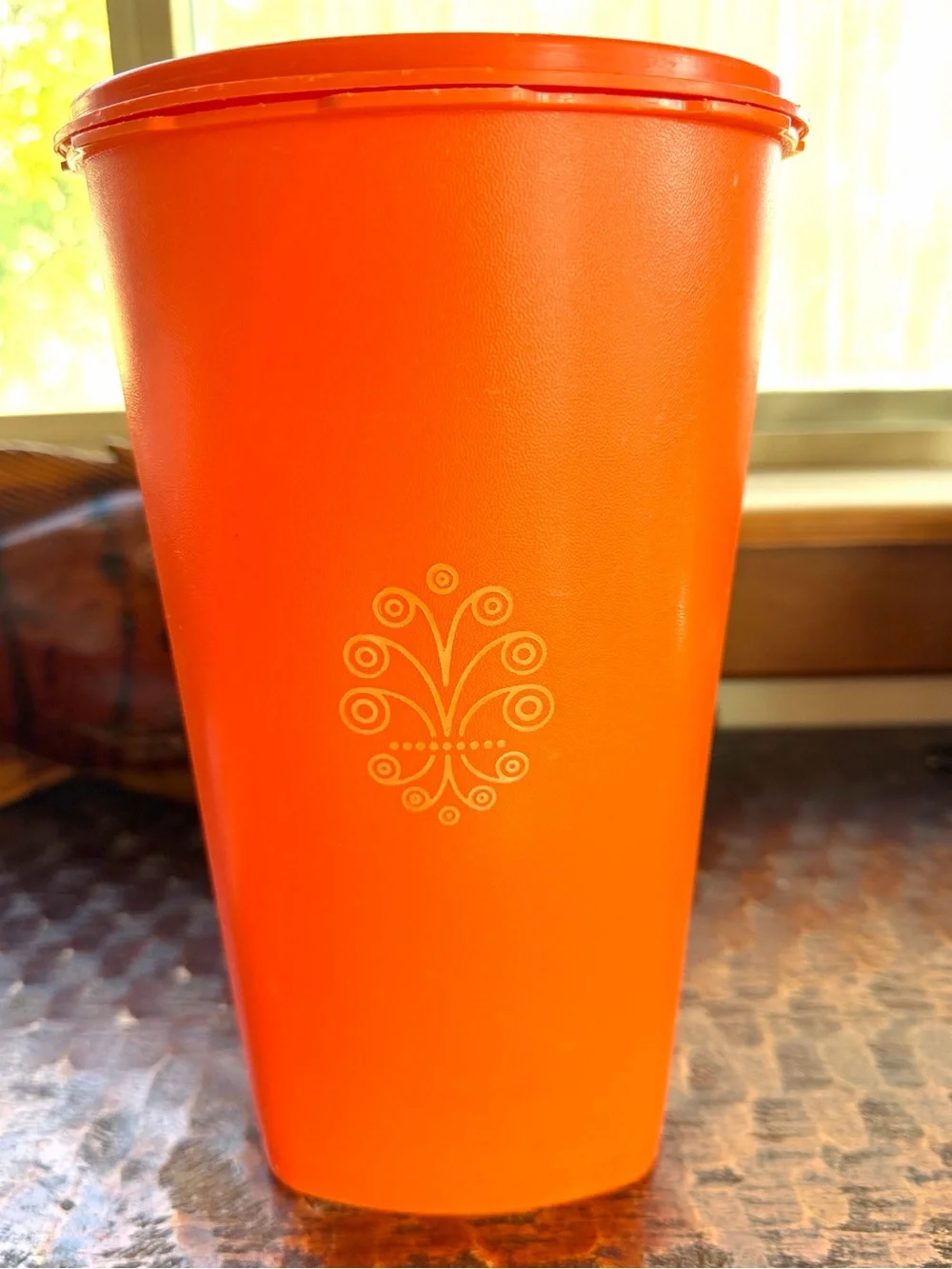 Vintage 1970s Tupperware tangerine orange tall Servalier canister (model #1222)